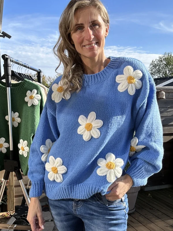 Store Gown Isa Margurit Pullover Med Handlavet Blomster Blue