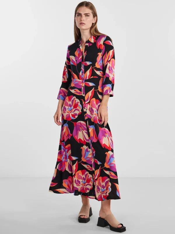 Sale YAS Savanna Long Shirt Dress Black Aop Flower Print