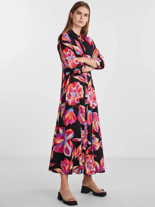 Sale YAS Savanna Long Shirt Dress Black Aop Flower Print
