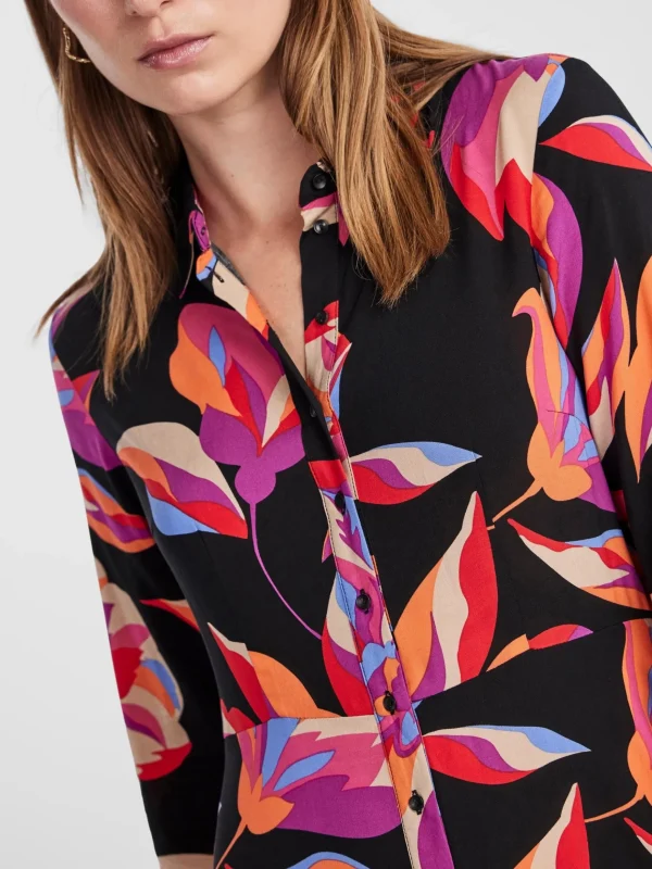 Sale YAS Savanna Long Shirt Dress Black Aop Flower Print